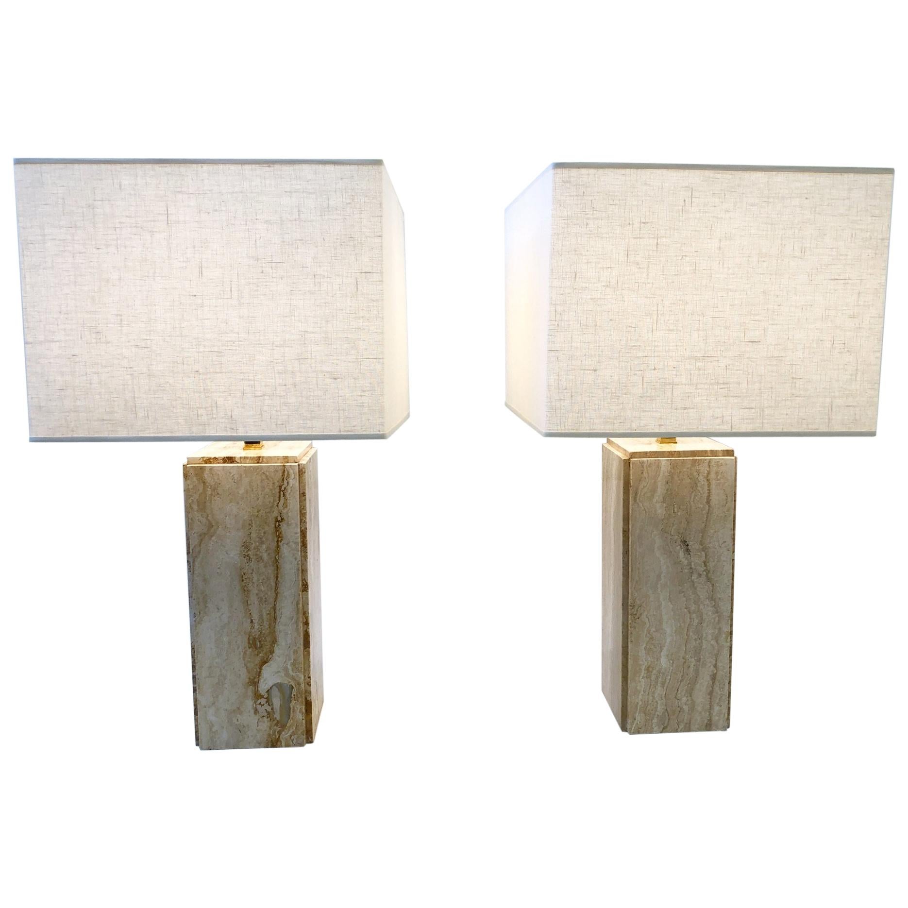 Pair of Italian Travertine and Brass Table Lamps by Raymor 