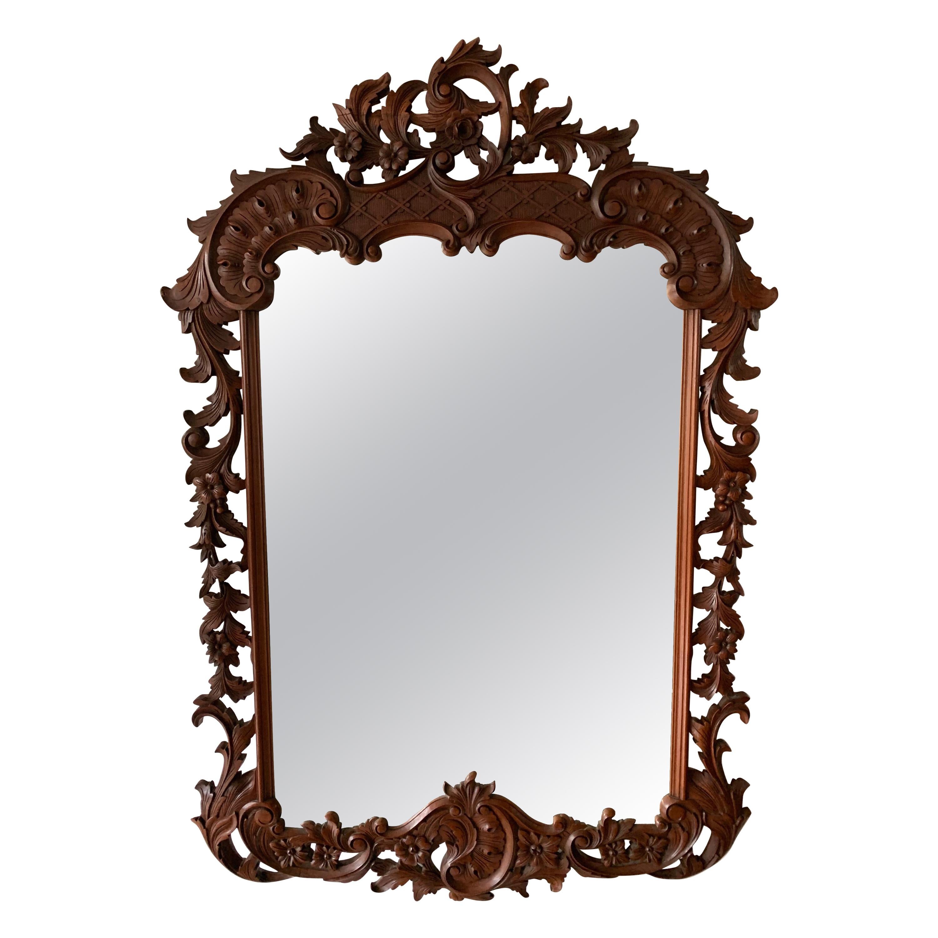 Large French Mirror in Hand Carved Solid Nutwood Frame with Flowery Decor