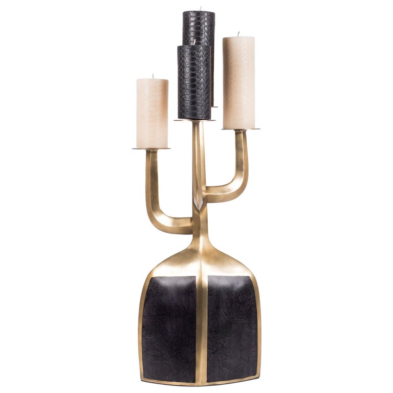Candelabra in Bronze-Patina Brass and Black Baguio Stone by Patrick Coard Paris For Sale