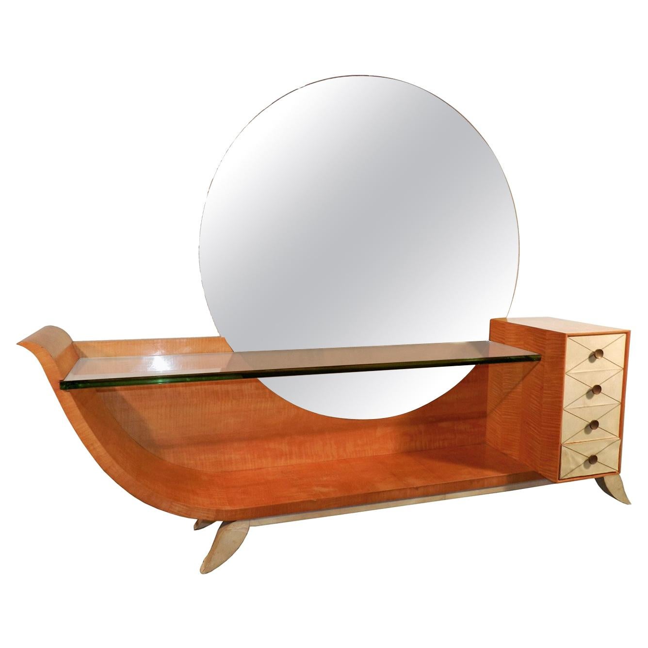 Very Large Art Deco Vanity in Blond Mahogany, Parchemine and Mirror