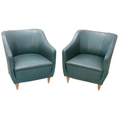 20th Century Italian Design Green Leather Pair of Armchairs, 1960s
