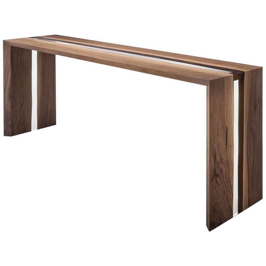 Table console Linea en résine, bois de noyer et résine