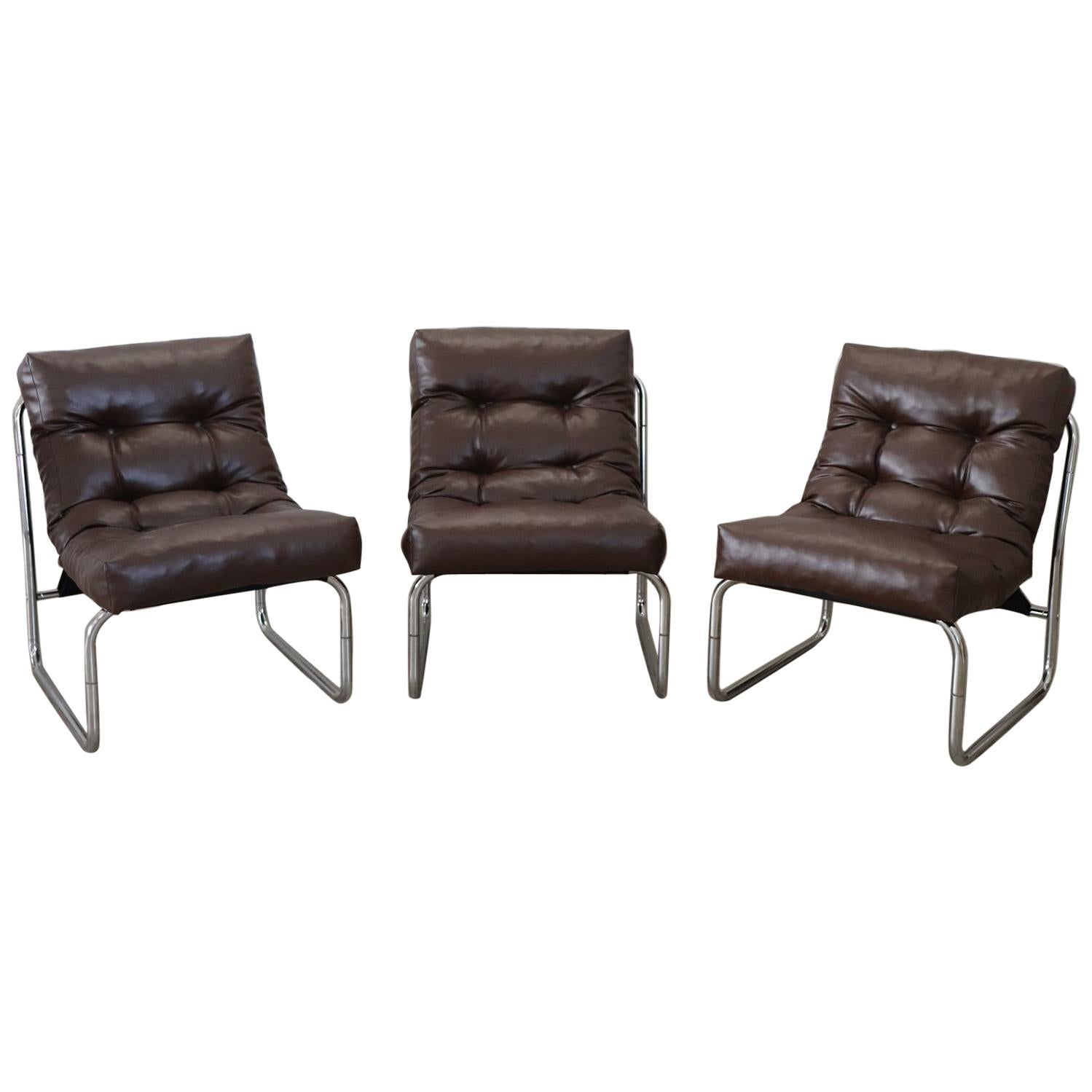 20th Century Italian Design Brown Leather Three of Armchairs, 1980s