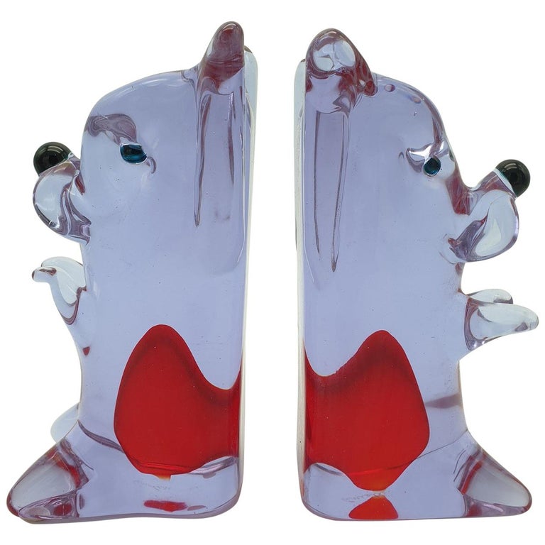 Rare Vintage Murano Glass Bookends, Lavender and Red Color Dog Pair by