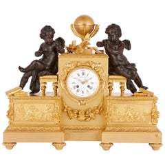 Antique Napoleon III Period Gilt and Patinated Bronze Clock by Delafontaine