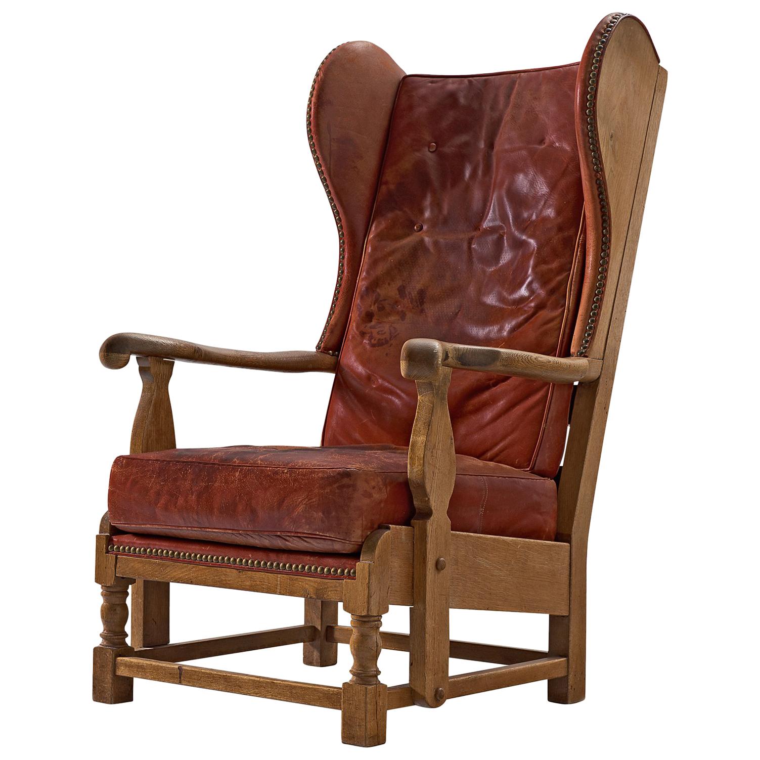 Danish Red Leather and Oak Wingback Chair