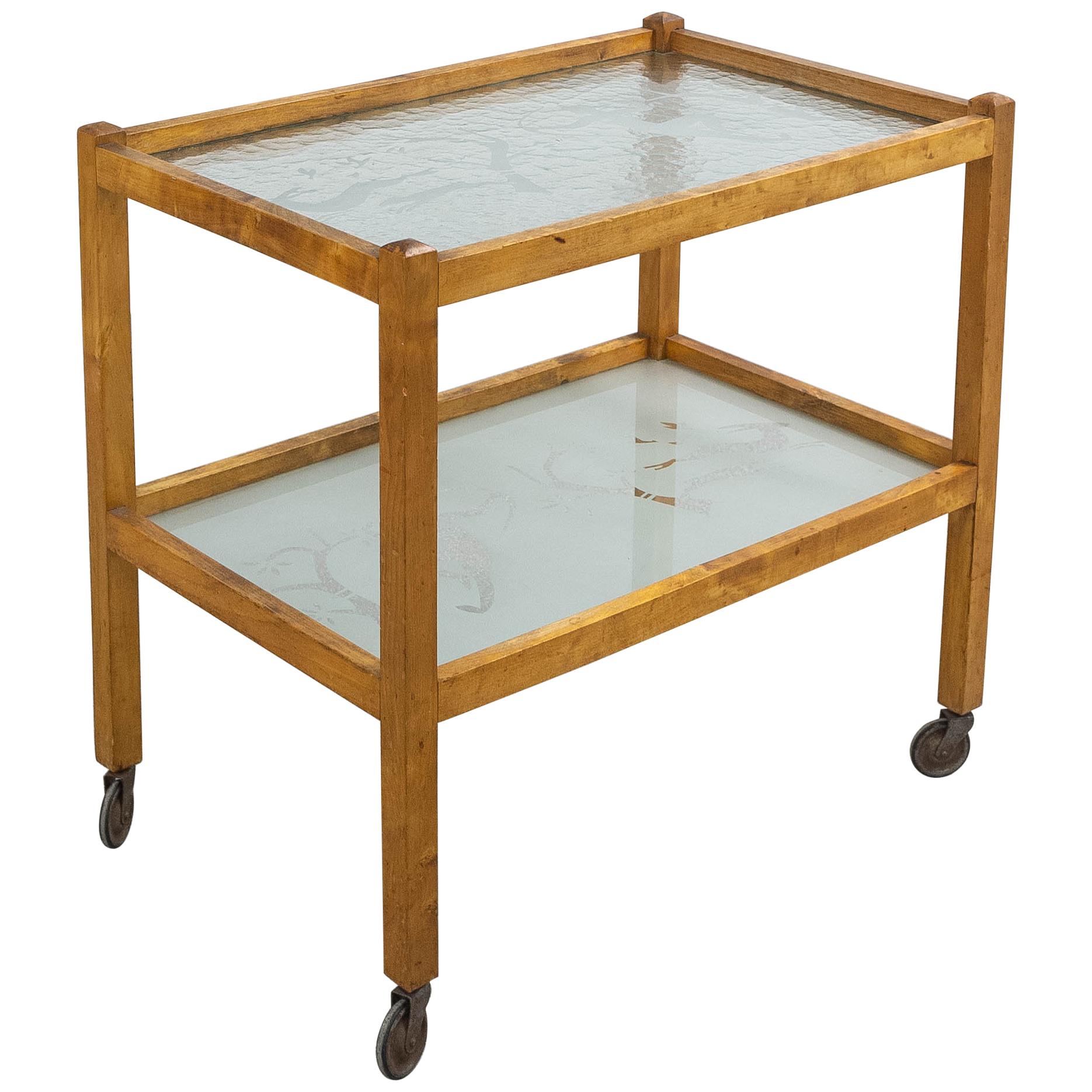 1930s Scandinavian Drink Cart with Acid Etched Glass