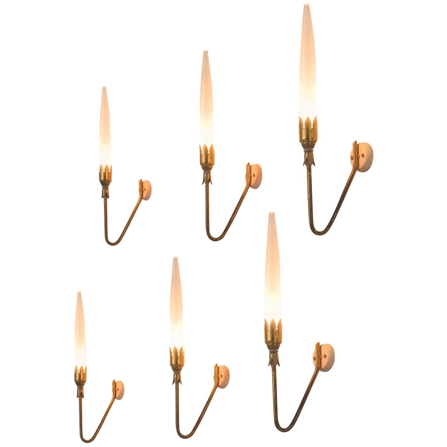 Set of Six Brass and Glass Wall Sconces