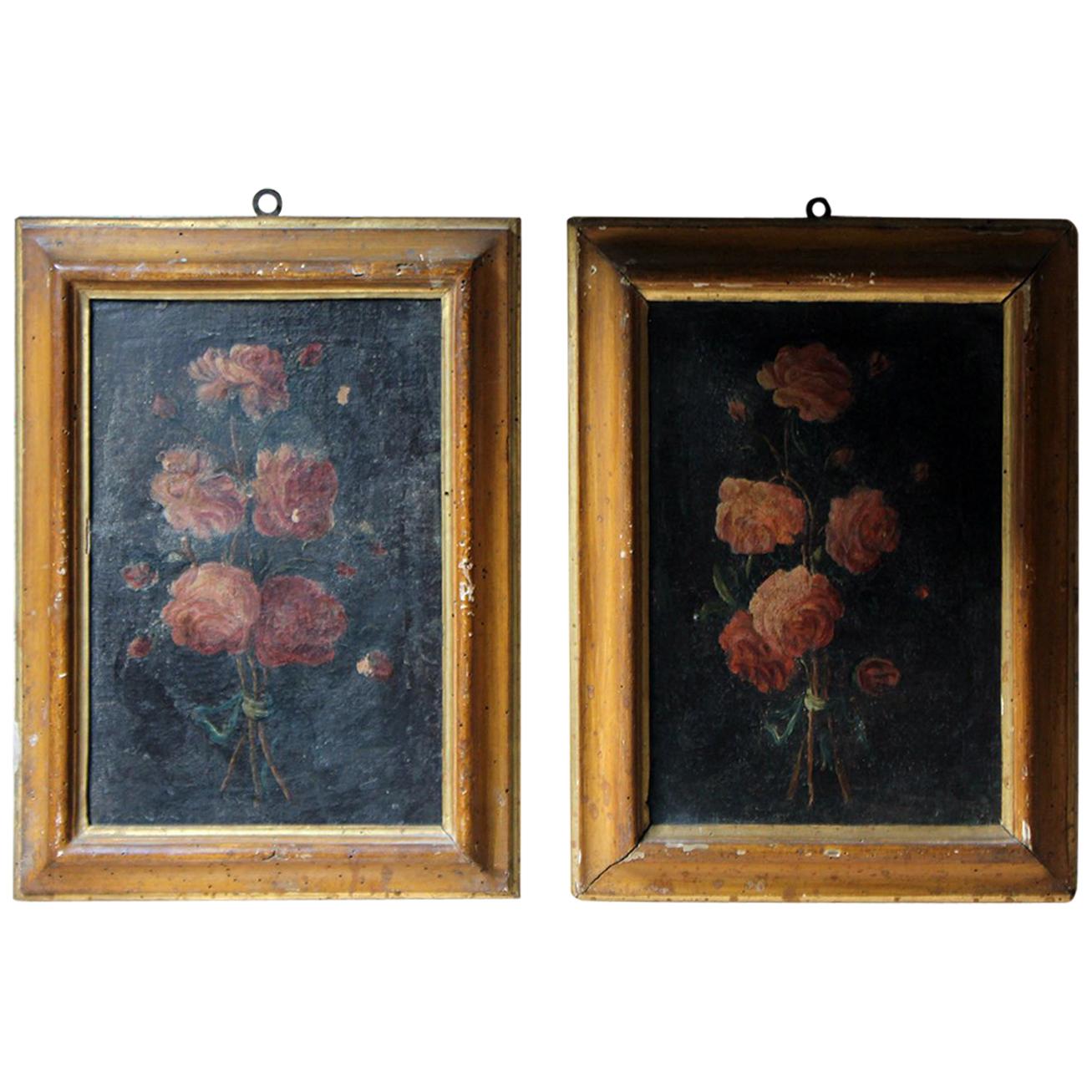 Pair of 19th Century Italian School Oil & Tempura on Canvas Studies of Roses