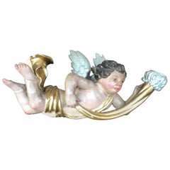 Antique Baroque Wooden Polychrome Angel, 17th Century