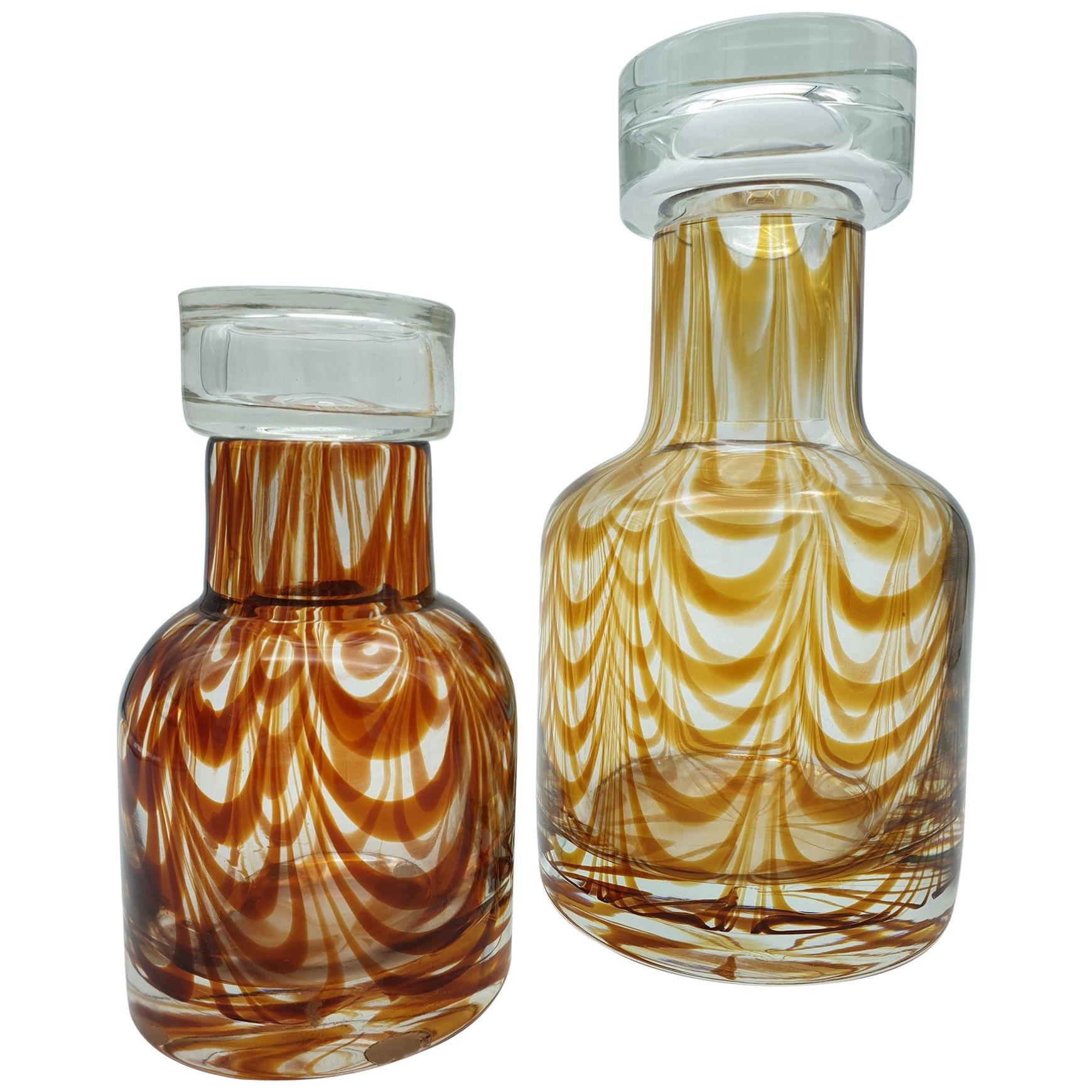 Pair of Modern Murano Glass Vases in Amber "Fenicio" Pattern by Cenedese, 1970s