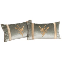 Pair of Pastel Green Colored Velvet Pillows with Antique Metallic Embroidery 