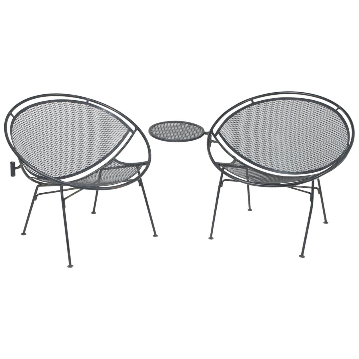 Iconic Salterini Mid-Century Modern Patio Chairs with Attached Side Table, Pair