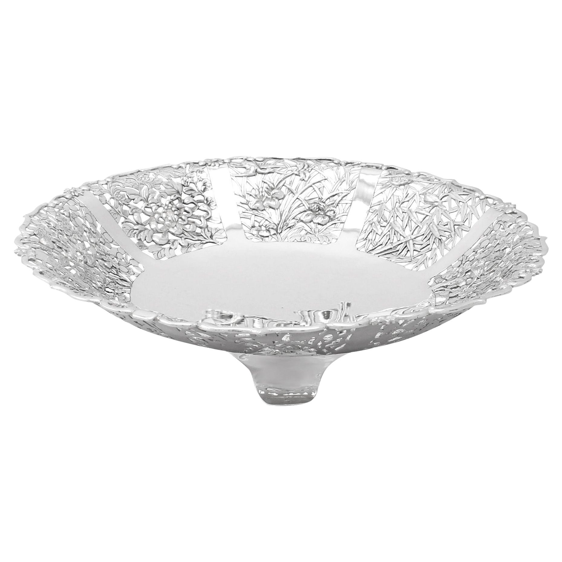 Antique 1880s Chinese Export Silver Fruit Dish For Sale