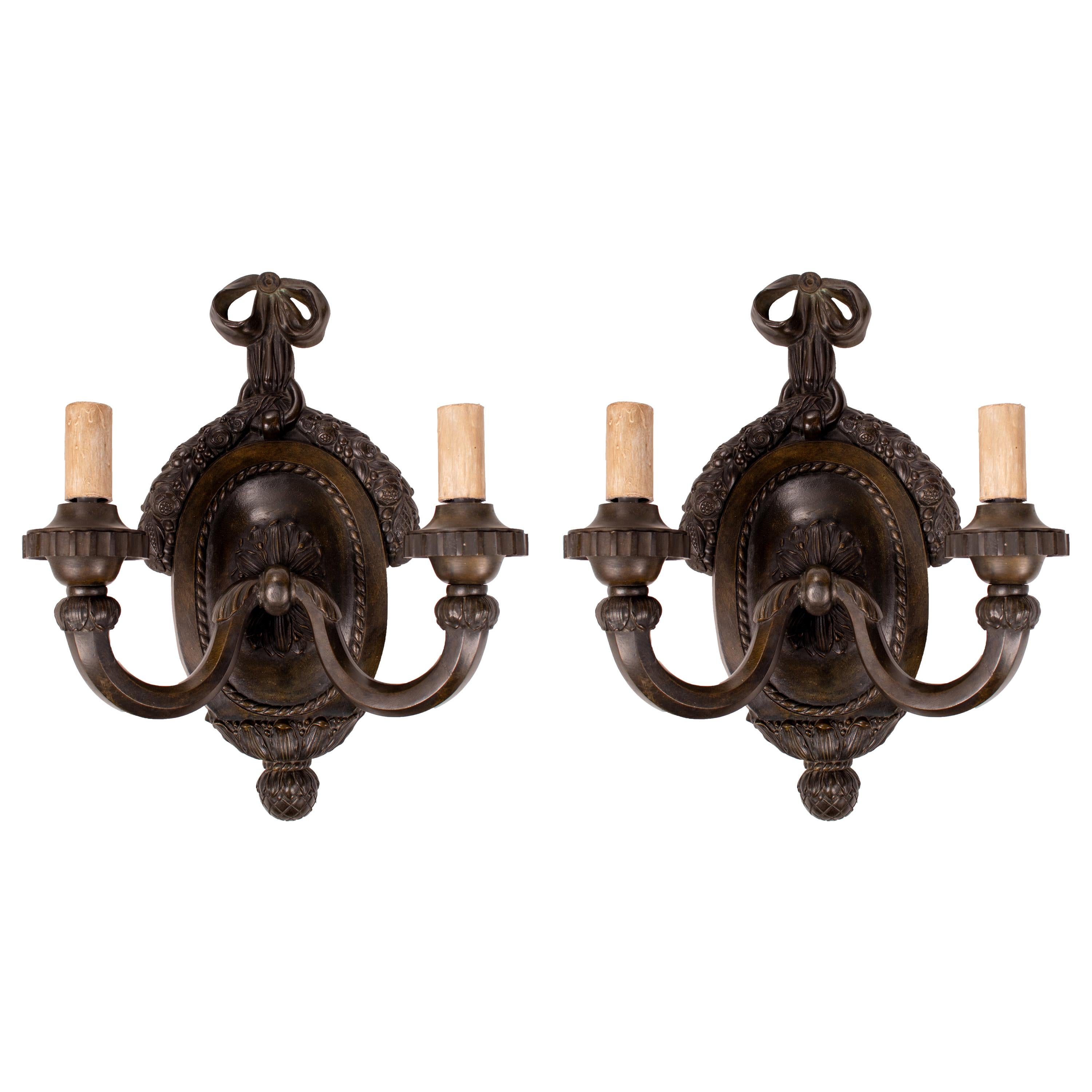 1990s Pair of Double Bronze Wall Sconce