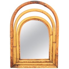 Bamboo Ratan Mini Size Arched Mirror in the Style of Franco Albini