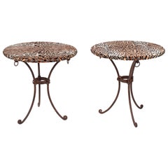 Vintage 1970s Pair of French Guéridon Leopard Upholstered Tables with Iron Legs