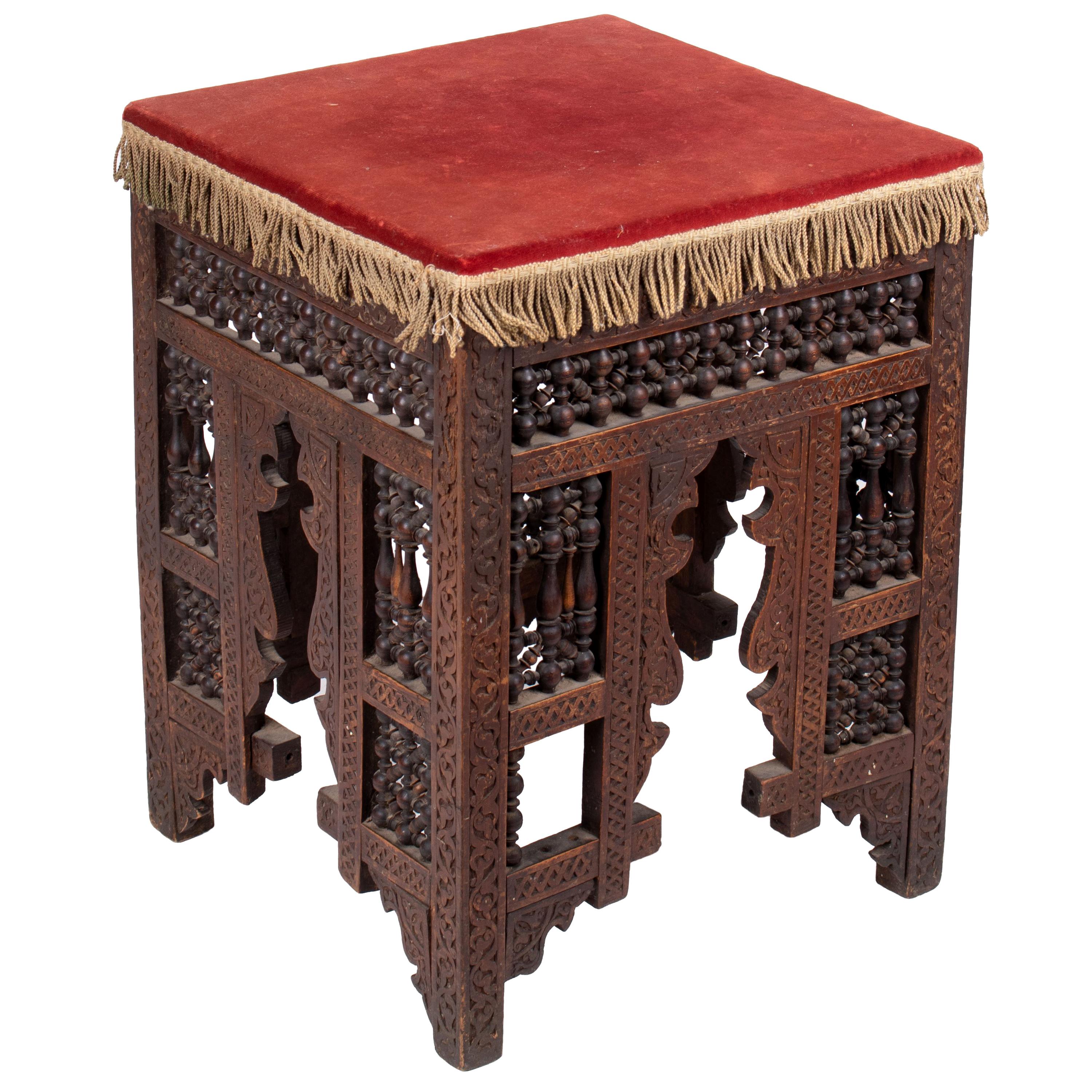 19th Century Turkish Wooden Stool Upholstered in Red Velvet