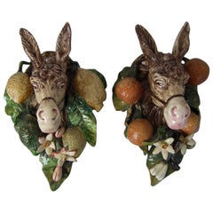 Pair of Menton Majolica Donkey Wall Pockets