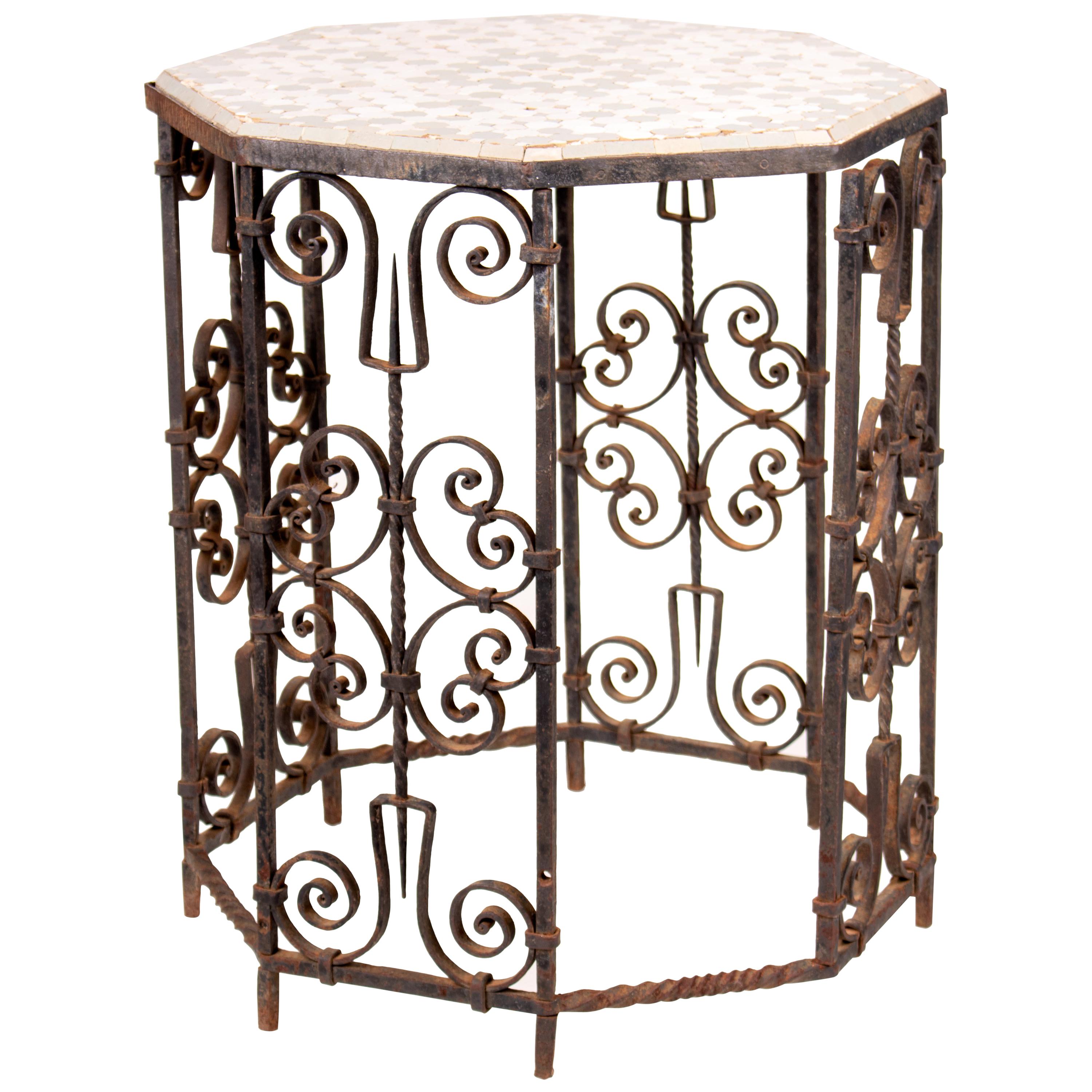 19th Century French Wrought Iron Octagonal Ceramic Top Table