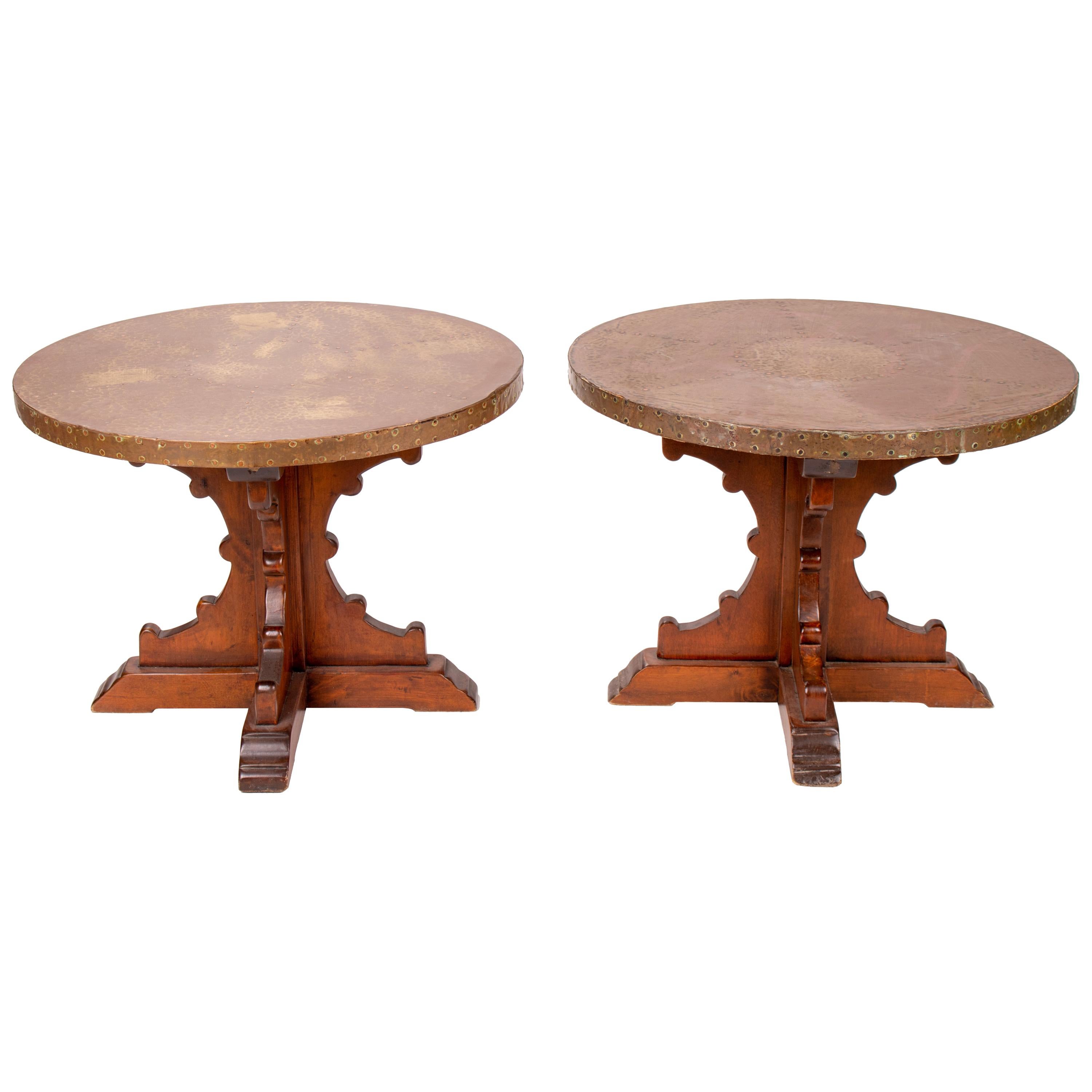 1970s Pair of French Brass Top Auxiliary Tables with Wooden Legs