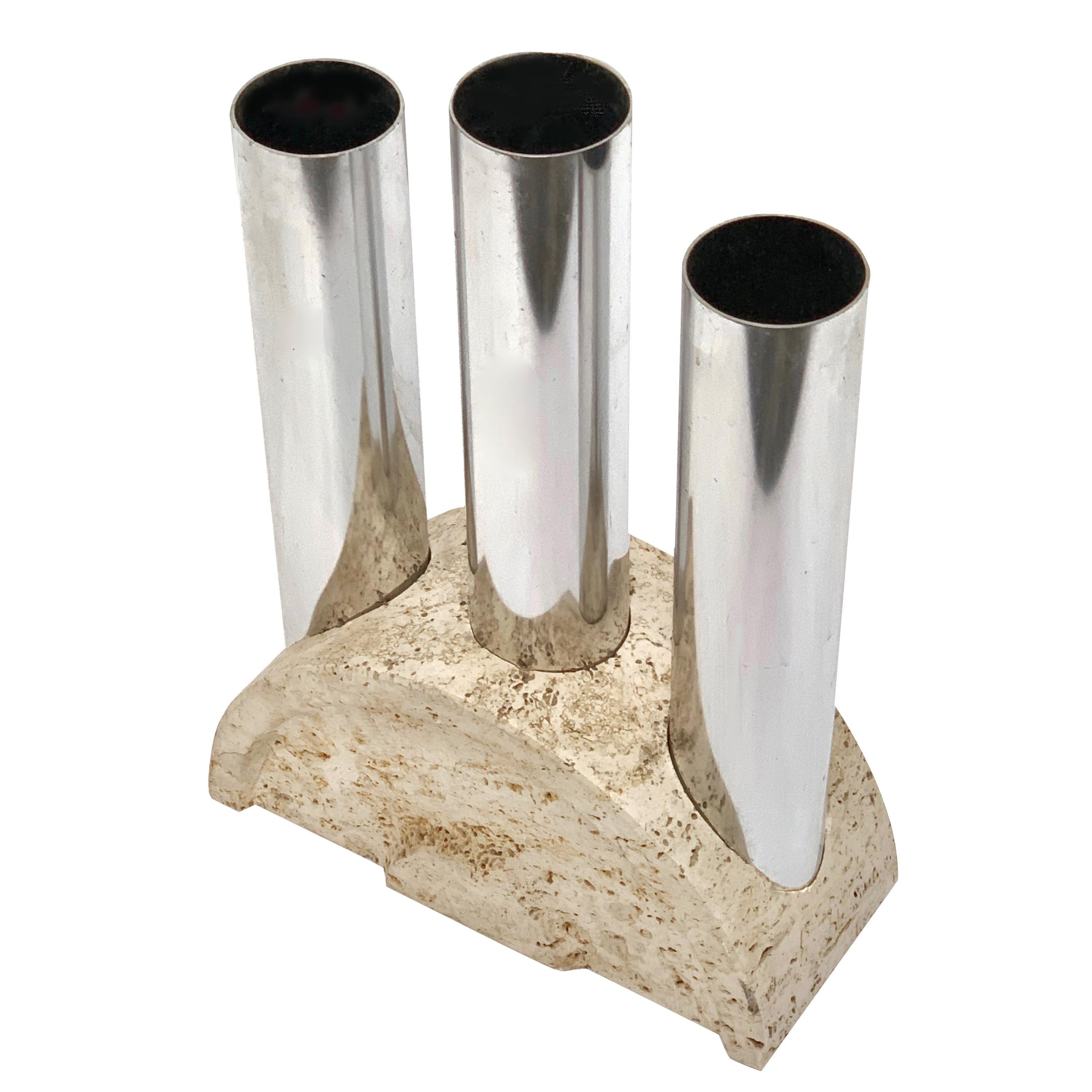 Umbrella Stand in Travertine and Chrome, Vase Fratelli Manelli, Italia, 1970s