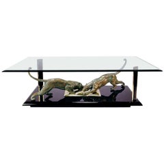 Vintage Rare Italian Coffee Table with Gilt Bronze Sculpture of Panthers, 1970