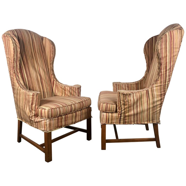 Dramatic Pair of Wing Back Scroll Arm Chairs Attributed to Kittinger For Sale