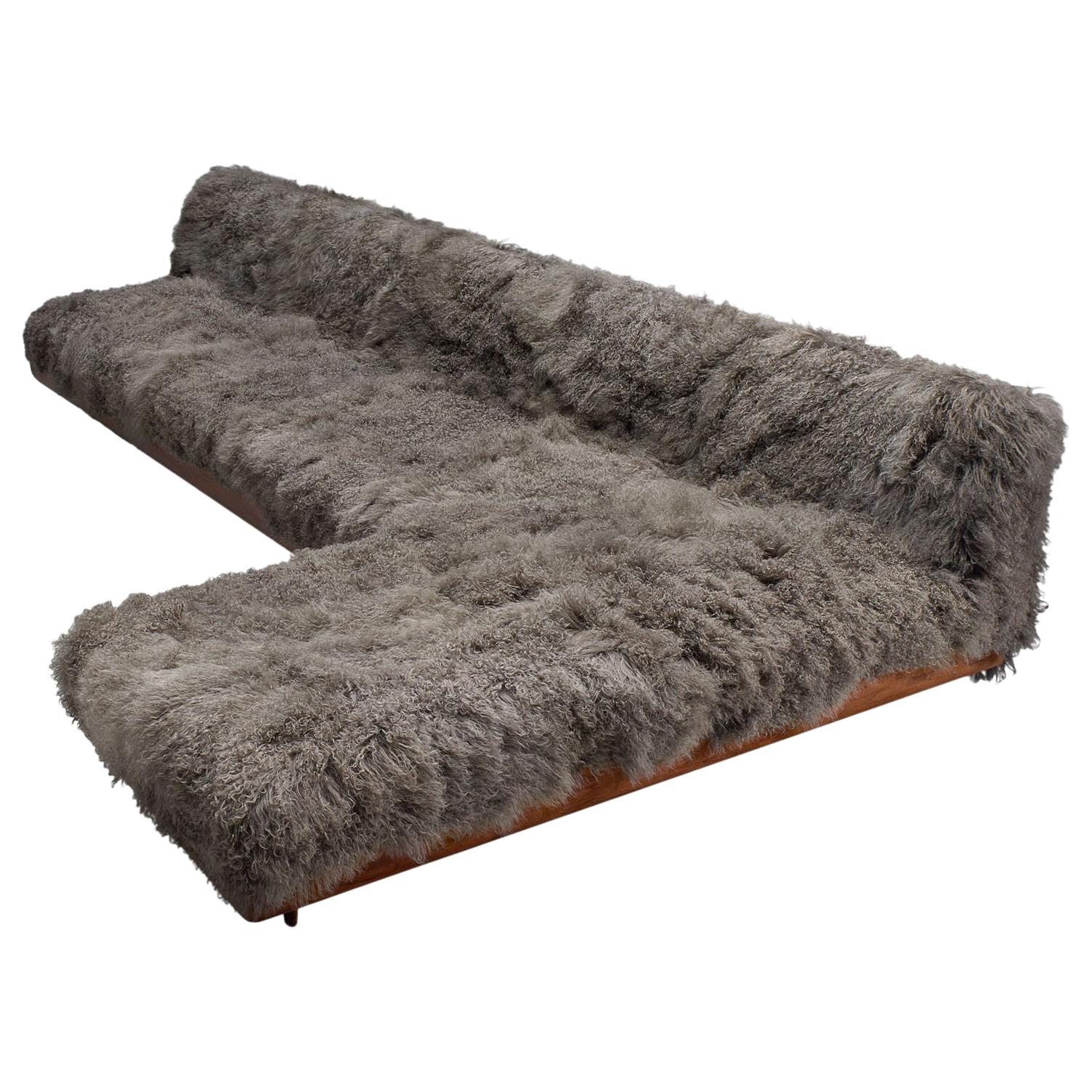 Grand Boomerang Sofa Upholstered in Luxurious Grey Tibetan Wool