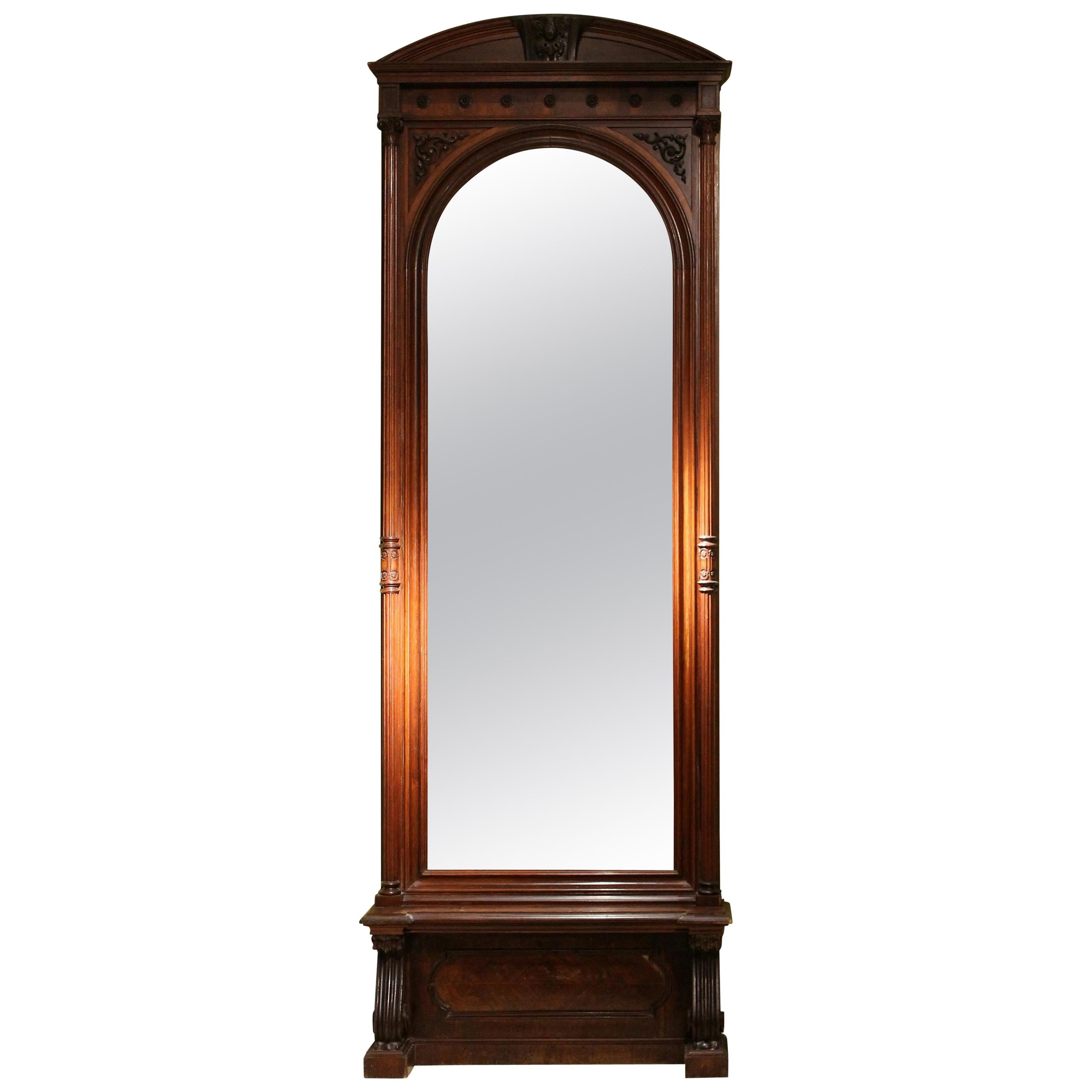 19th Century English Greek Revival Hand Carved Wood Full Length Floor Mirror