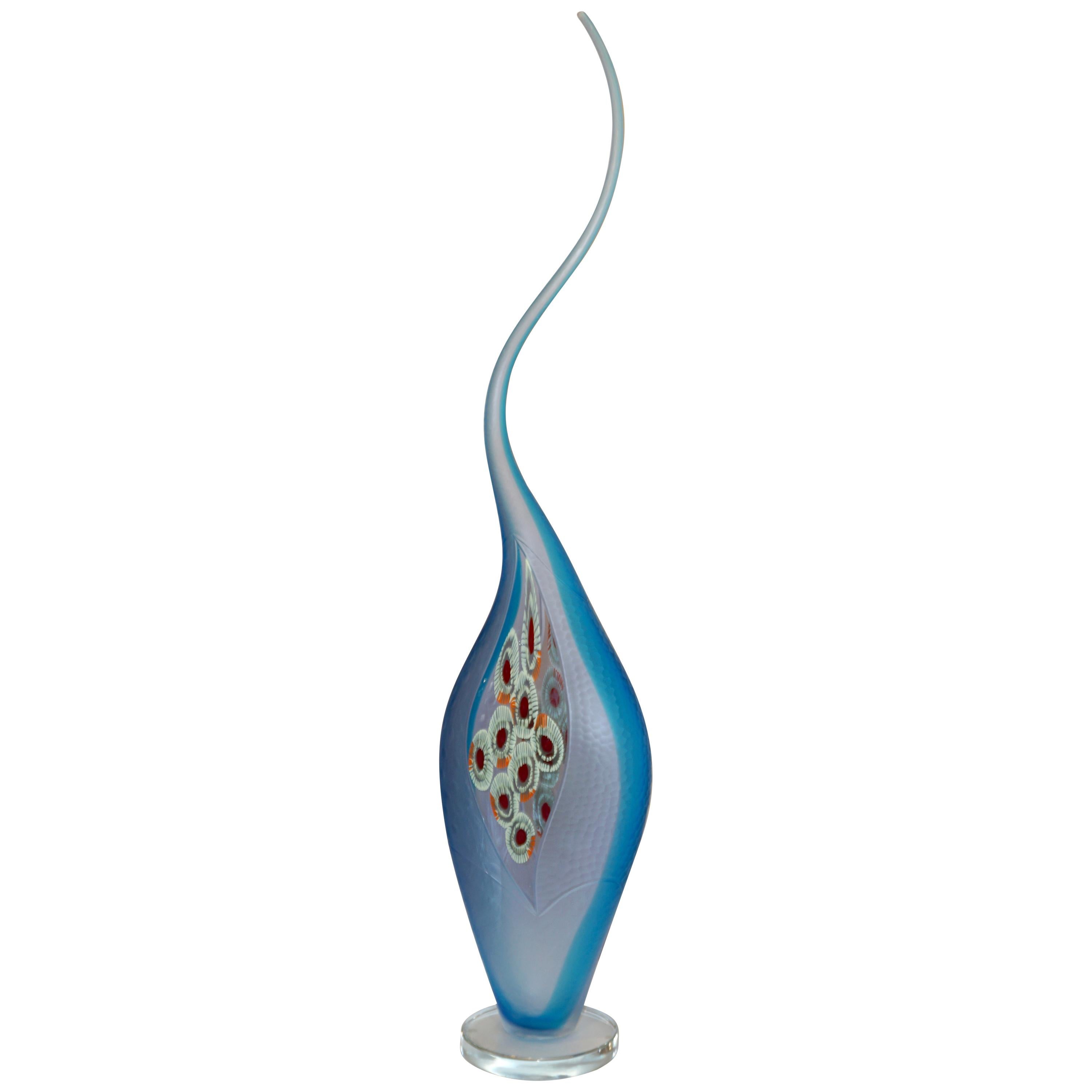 Dona Modern Art Glass Aqua Blue Sculpture Vase with Red and Yellow Murrine