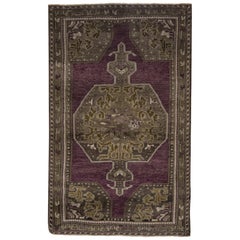 Vintage Purple, Green and Gold Handmade Wool Turkish Old Anatolian Konya Rug