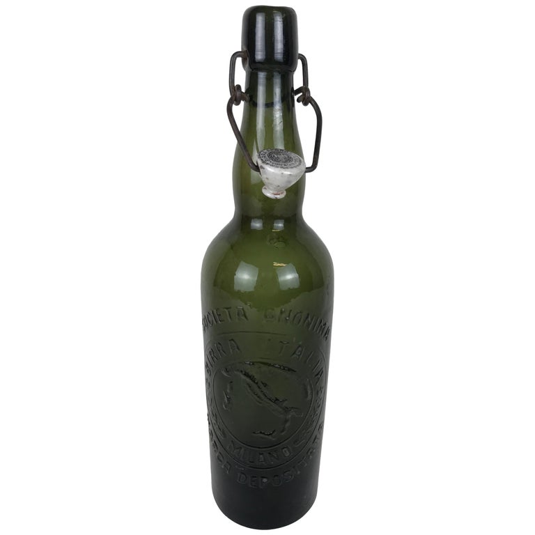 1950s Vintage Italian Birra Italia Beer Green Glass Bottle with Ceramic Stopper For Sale