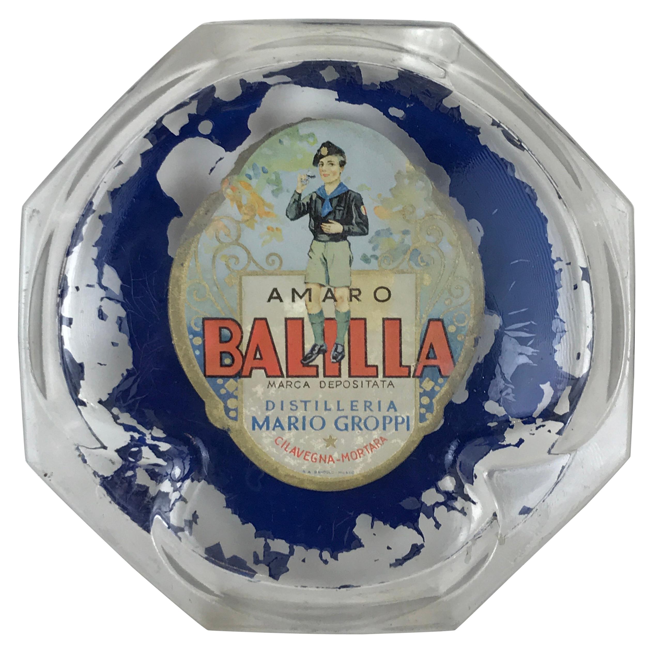 1930s Vintage Italian Advertising Amaro Balilla Glass Ashtray Made in Italy