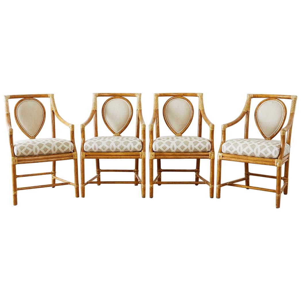Set of Four McGuire Bamboo Rattan Linen Dining Armchairs 