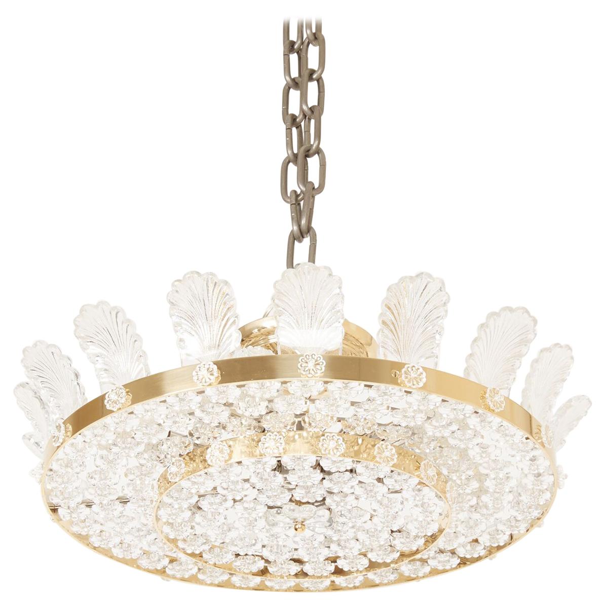The 2-tiered Decazes beaded flush-mount fixture, the underside formed by a steel frame grid with concentric rings covered by oversized crystal rosettes with beaded centre, insert encircled by polished brass frame having spaced rosette decorations