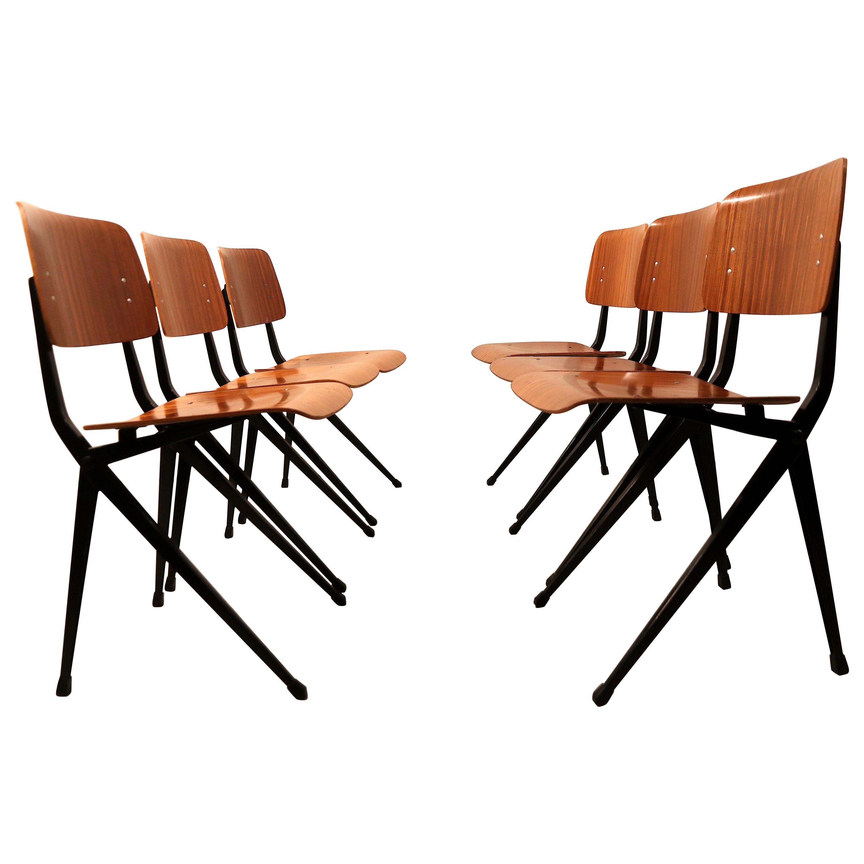 Set of Six Industrial Compass Dining Chairs with Plywood For Sale