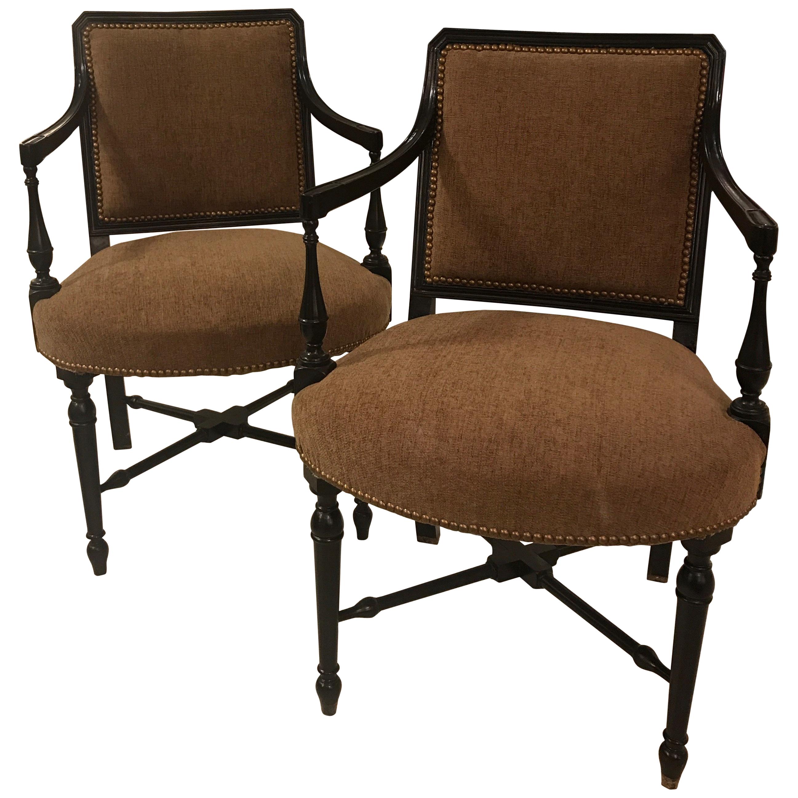 Pair of Antique Ebonized Upholstered Accent Armchairs