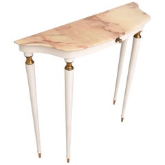 White Lacquered Wood Console with a Portuguese Pink Marble Top, Italy, 1950s