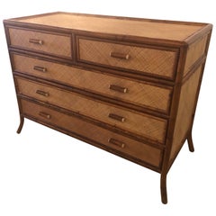 Vintage E. Murio Grasscloth Burnt Bamboo Rattan Chest of Drawers Credenza