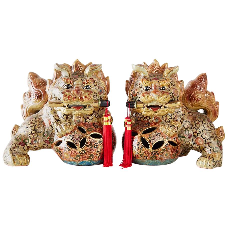 Pair of Satsuma Style Gilt Porcelain Foo Lions