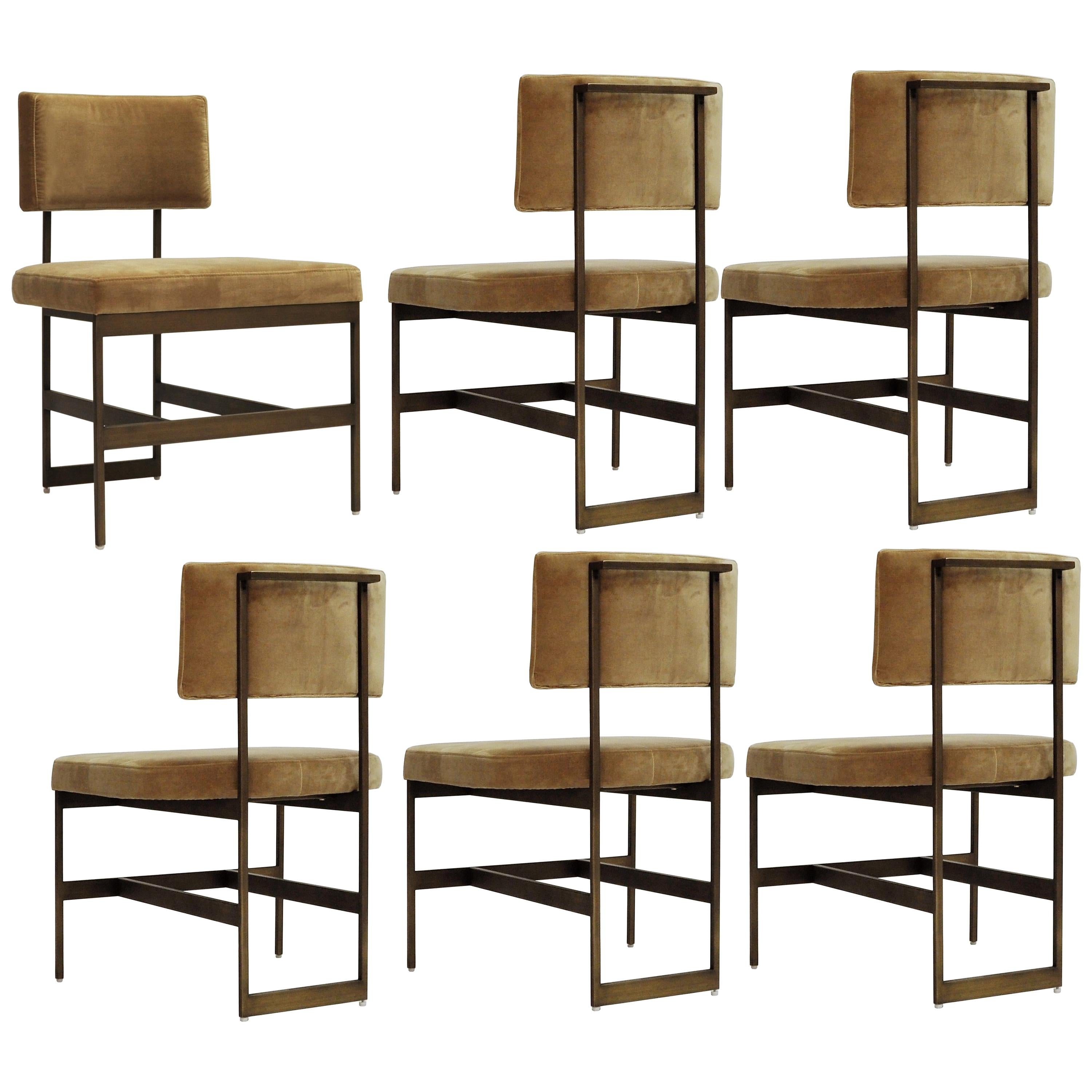 Set of 6, Mid-Century Modern Dining Chairs in Camel Velvet and Antique Bronze