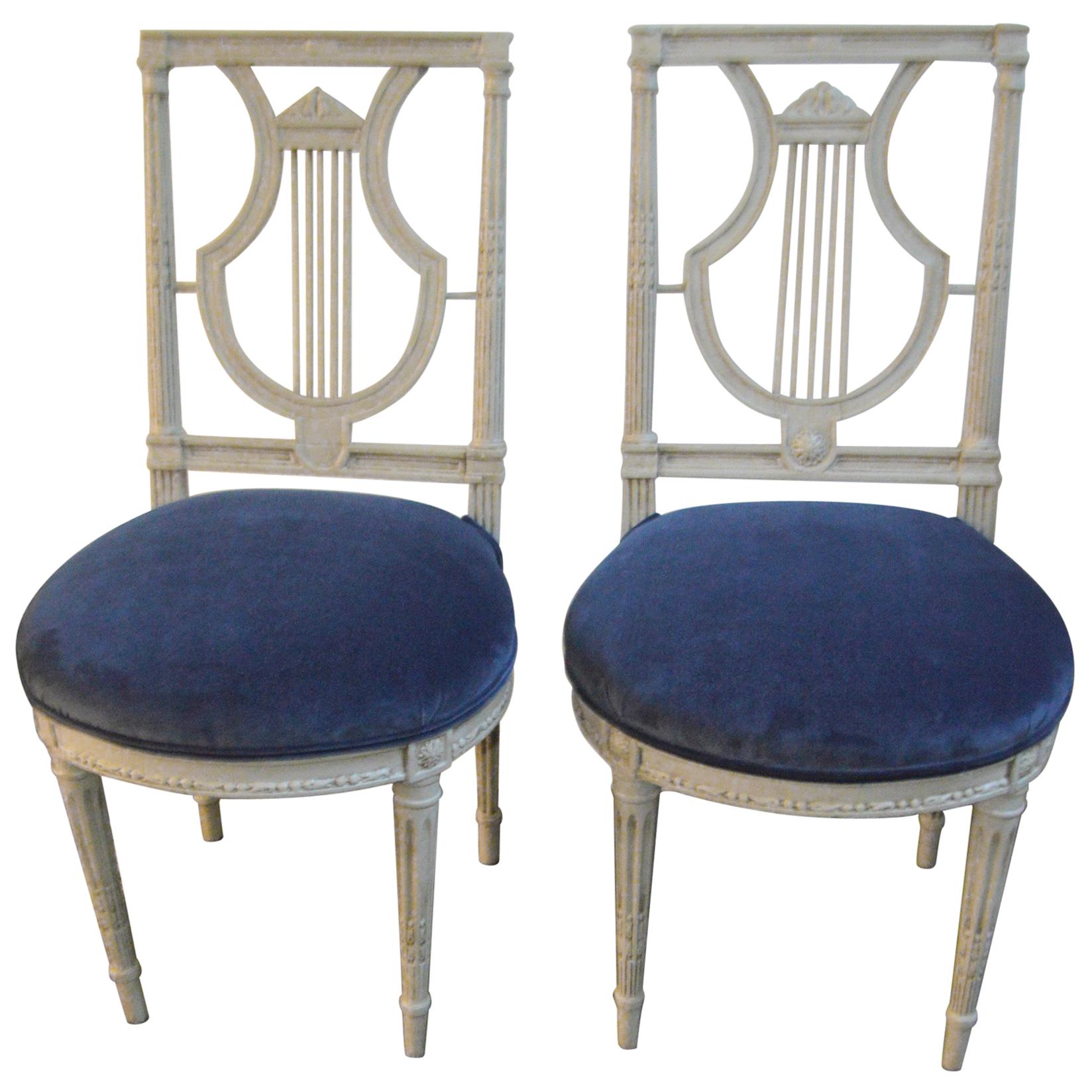 Pair of Louis XVI Style Painted Grey Lyre Back Side Chair, Blue Velvet Seat For Sale