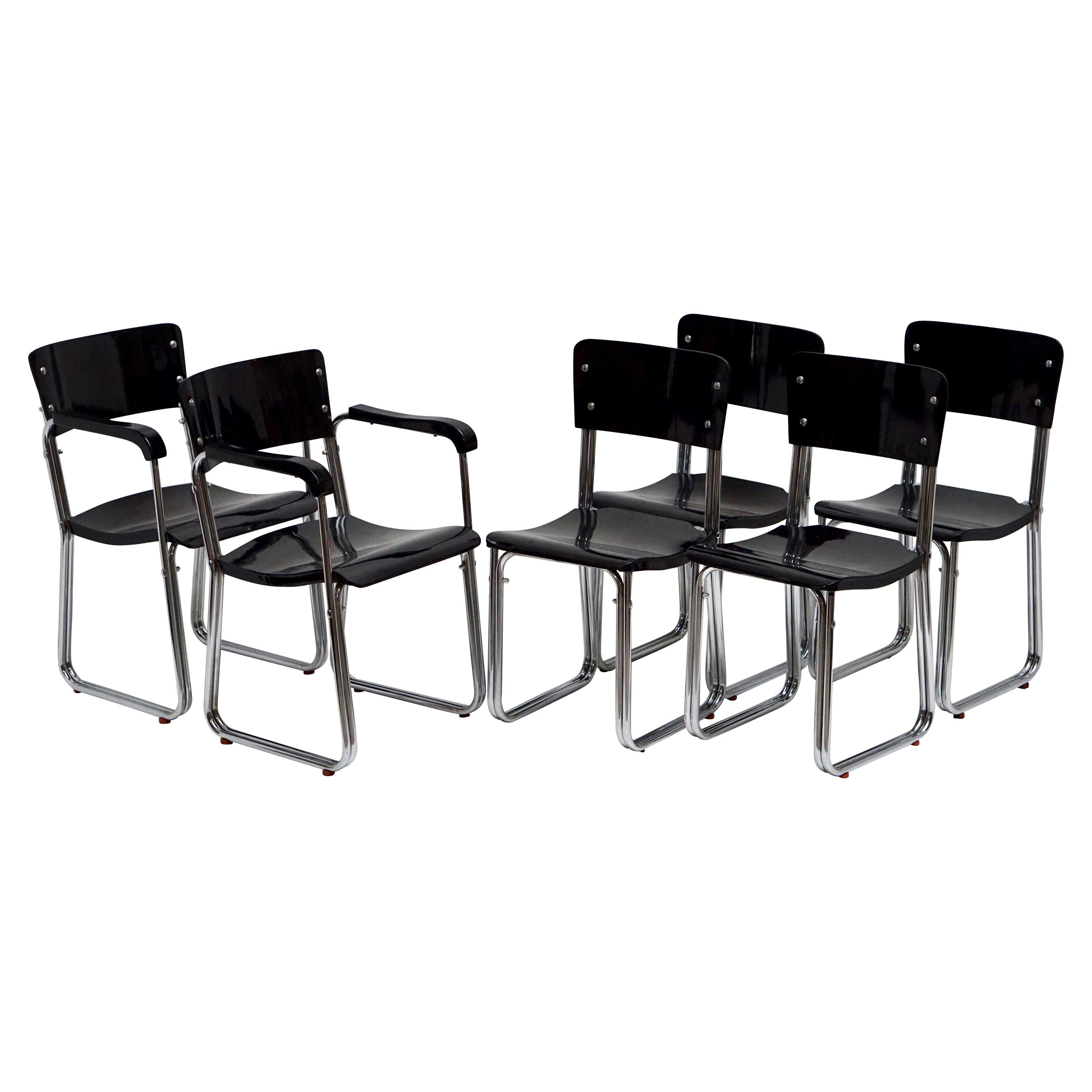 Set of Six Chic Ebonized Modernist Chroom Bauhaus Chairs For Sale