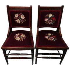 Pair of French Mahogany with Carved Scroll Work Crewel Flora Embroidered Chairs