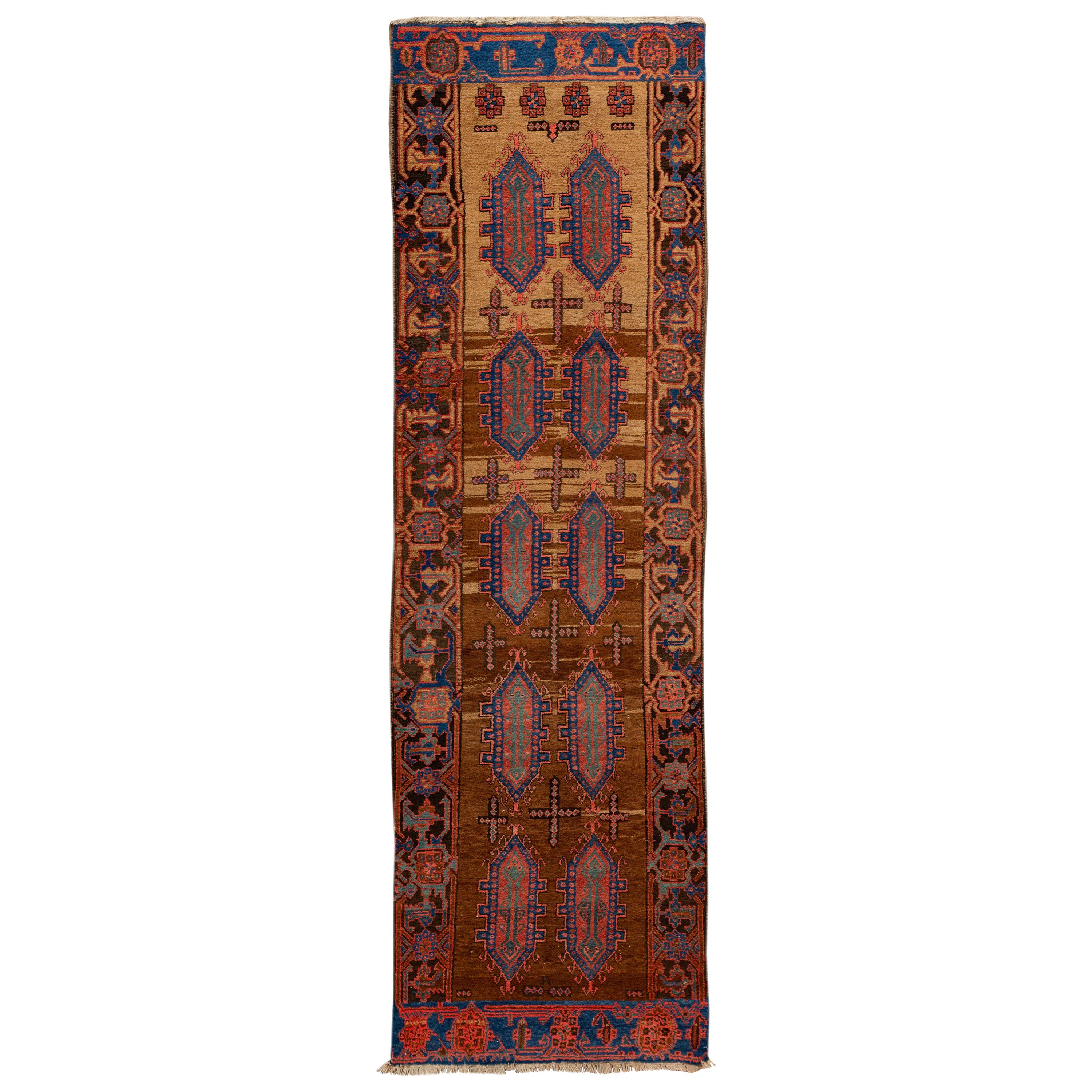 19th-Century Antique Bakshaish Handmade Geometric Brown Wool Runner For Sale
