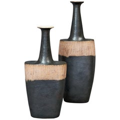 Bruno Gambone Pair of Black Long Neck Vessels, circa 1980