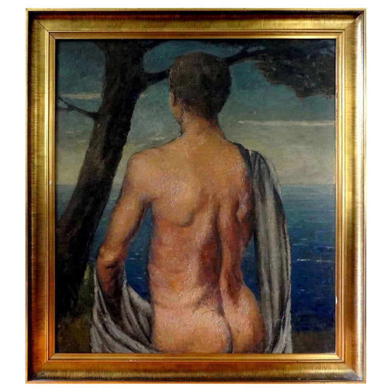 Italian Male Nude Oil Painting on Wood Panel, circa 1930 For Sale