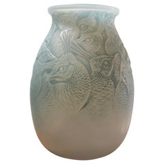 1928 Rene Lalique Borromee Vase in Double Cased Opalescent Glass Stain Peacocks