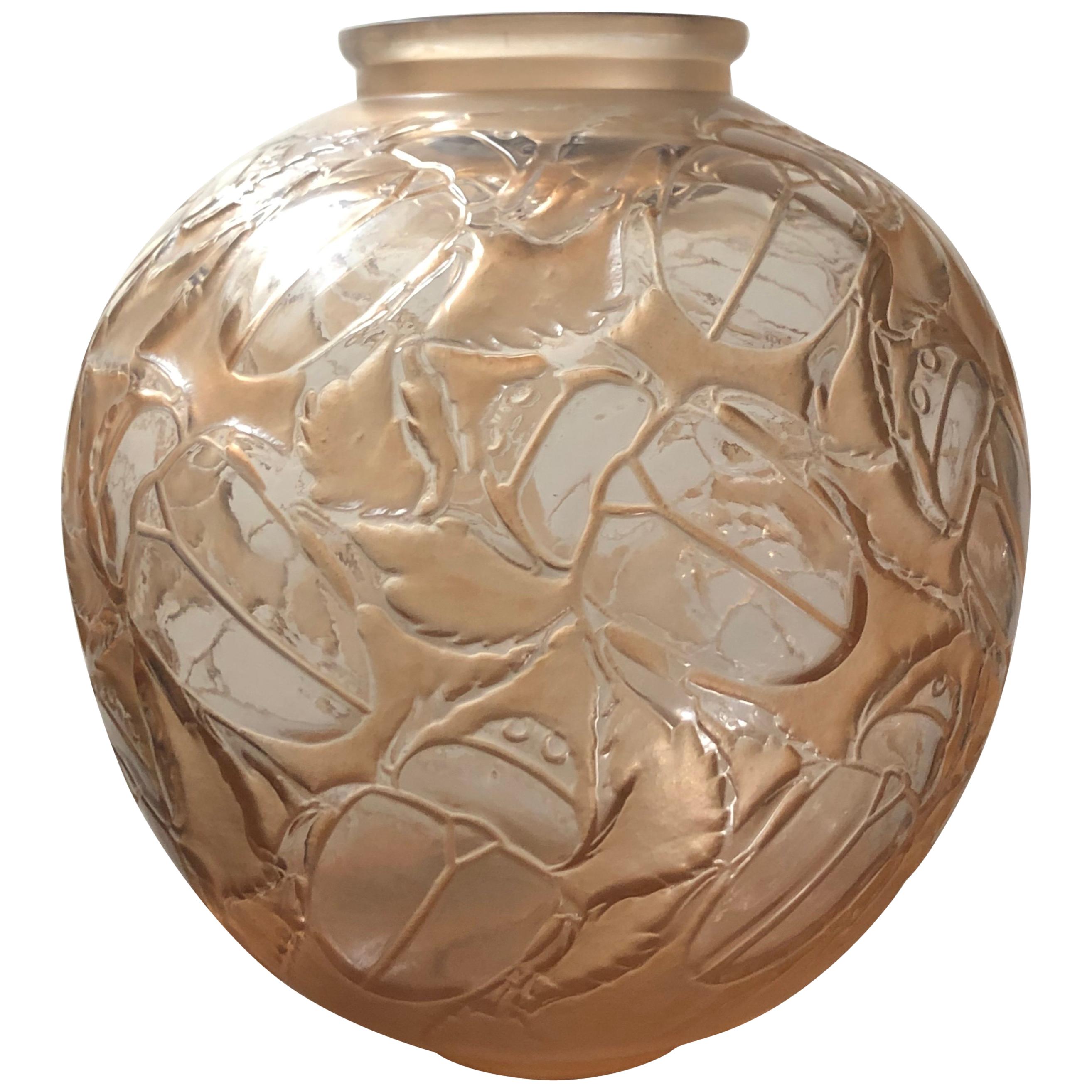1923 René Lalique Gros Scarabees Vase Frosted Glass Stain, Beetles